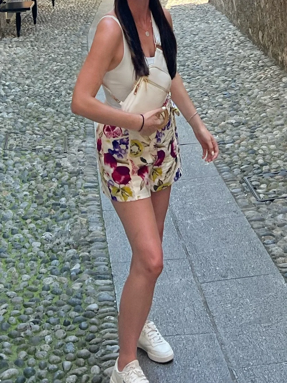 Fruit Print Paperbag Waist Shorts with Woven Belt